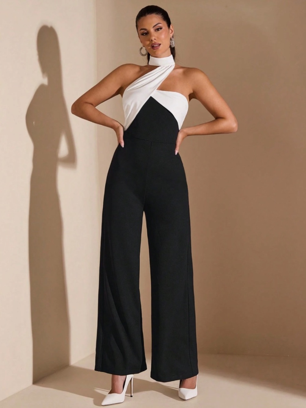 Asymmetrical White Halter Black Elegant Jumpsuit Zipper Closure - Picture 5 of 8